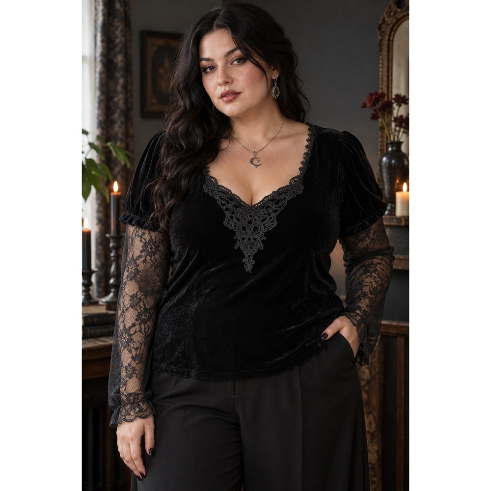 Killstar Black Velvet Lace Top Women XXL Gothic Romantic Whimsigoth Long Sleeve